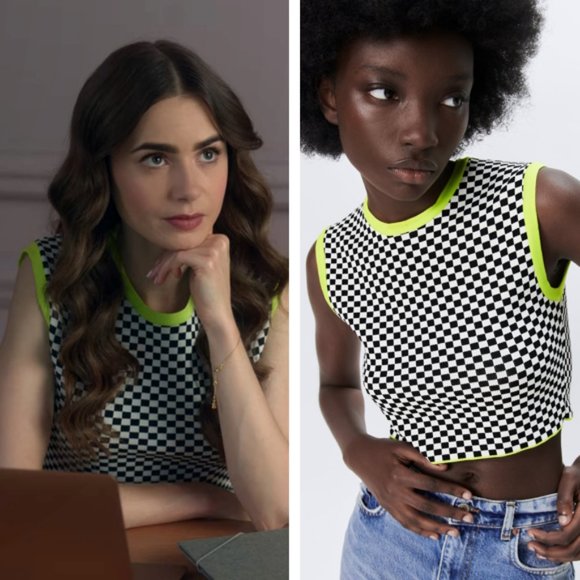 Zara Check Knit Crop Top ASO Emily in Paris - Picture 1 of 8